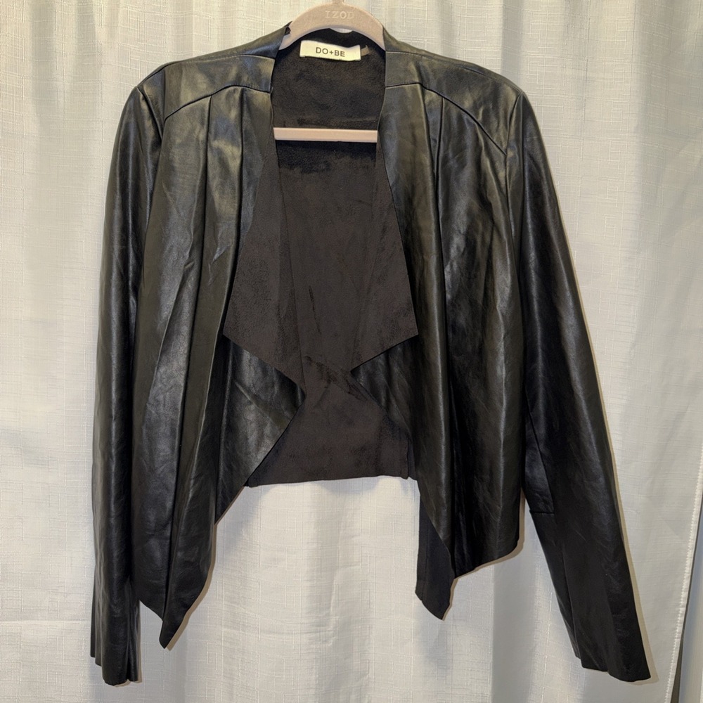DO+BE Black Faux Leather Drape Front Jacket Small Whimsygoth Raw Edge Moto